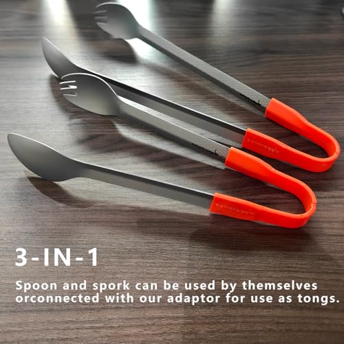 Dawn Deer 3 in1 Titanium Ultralight Cutlery Set, Long Handle Spoon and Spork, Camping tong, Travel Utensils with Bag (22CM) - Image 2