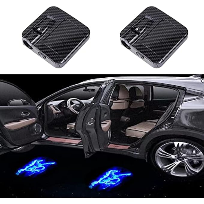 ريحني جهاز عرض شعار باب السيارة، قطعتان من ضوء الترحيب اللاسلكي، ضوء الظل، متوافق مع جميع موديلات فورد موستانج برونكو، لون أزرق، حصان - Image 1