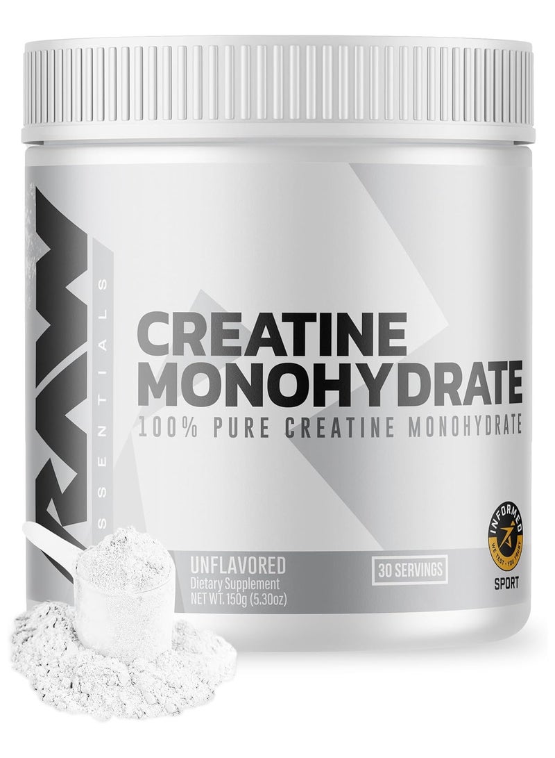 رو مسحوق مكمل غذائي RAW Essentials Pure Creatine Monohydrate لتعزيز قوة العضلات والقدرة على التحمل والتعافي (5.3 أونصة) - Image 1