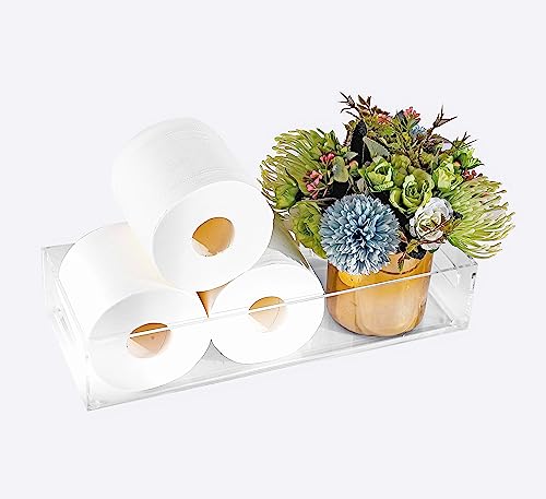 IEEK Toilet Paper Basket,Acrylic Toilet Paper Holder with Storage Modern Bathroom Tray with Handle and Non-Slip Mats for Toilet Tank Top Decorative,Clear Vanity Tray for Home Decor… - Image 1