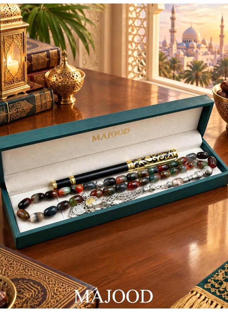 MAJOOD Premium Gift Set: 33 Beads Natural Agate Prayer Beads And a Replaceable Ink cartridge Black and Golden pen (Two-Piece Set) – Includes a Beautiful Gift Box, Ideal for Ramadan, Eid al-Fitr, and Daily Prayers. - Image 2