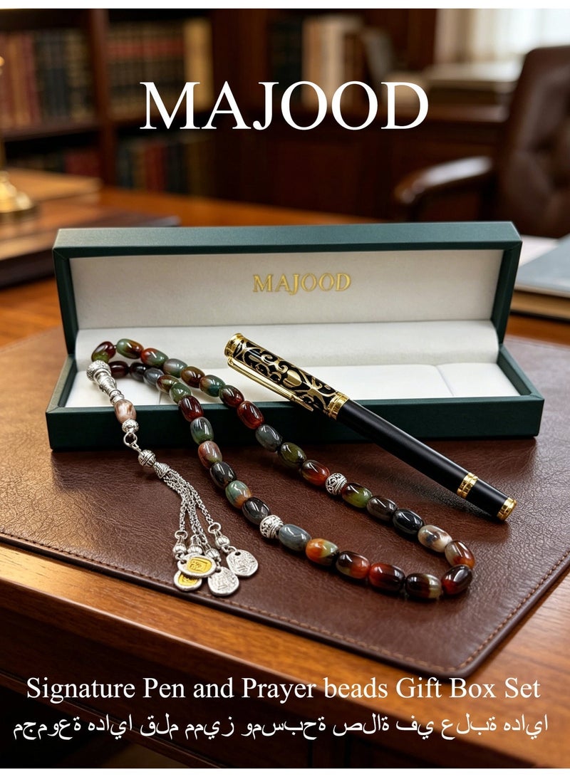MAJOOD Premium Gift Set: 33 Beads Natural Agate Prayer Beads And a Replaceable Ink cartridge Black and Golden pen (Two-Piece Set) – Includes a Beautiful Gift Box, Ideal for Ramadan, Eid al-Fitr, and Daily Prayers. - Image 4