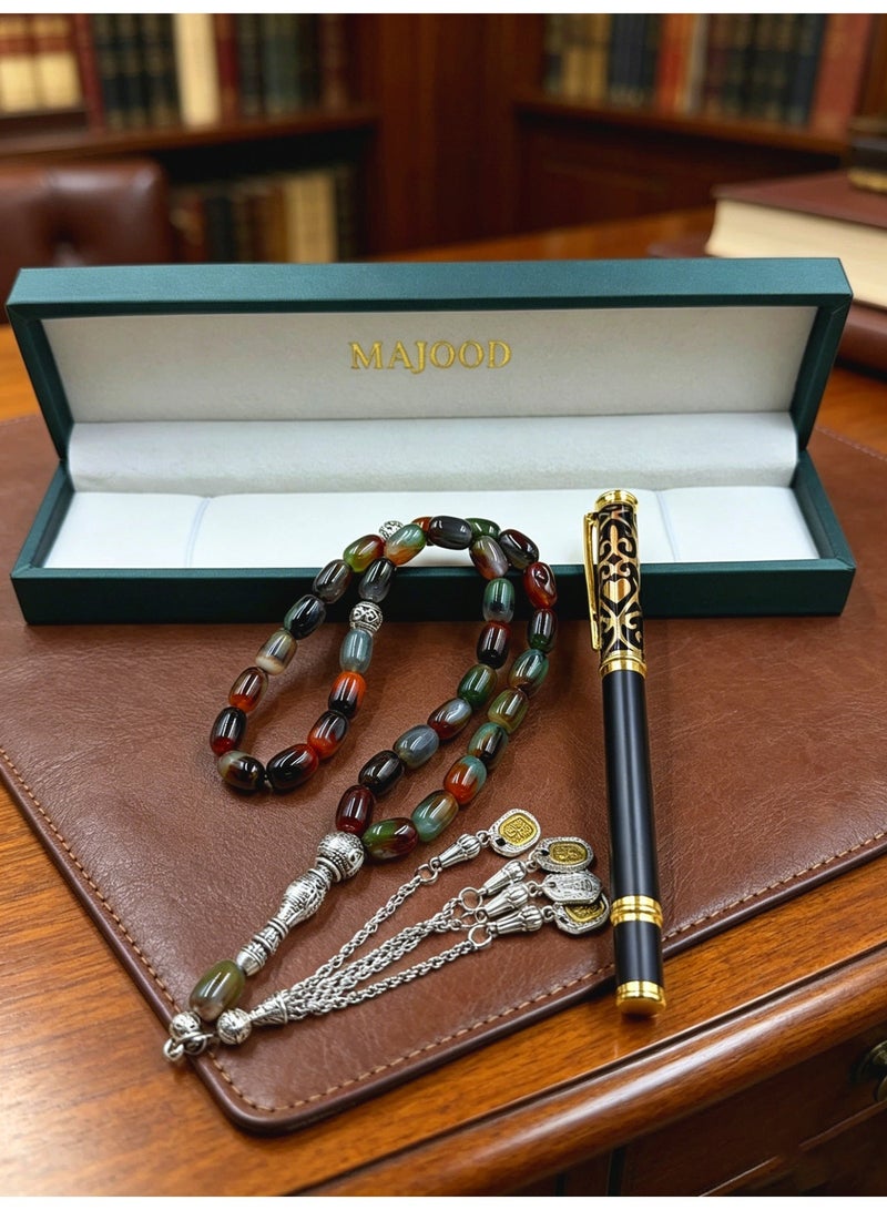 MAJOOD Premium Gift Set: 33 Beads Natural Agate Prayer Beads And a Replaceable Ink cartridge Black and Golden pen (Two-Piece Set) – Includes a Beautiful Gift Box, Ideal for Ramadan, Eid al-Fitr, and Daily Prayers. - Image 5