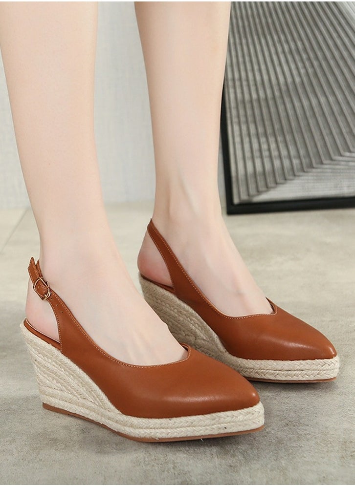 Loquat Espadrilles Wedge Sandals Closed Pointed Toe Slingback Buckle Strap Wedges Pumps Platform Heeled Sandal Brown  - Image 1