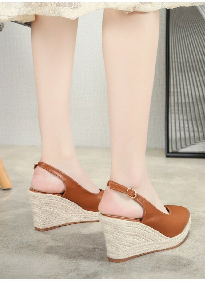 Loquat Espadrilles Wedge Sandals Closed Pointed Toe Slingback Buckle Strap Wedges Pumps Platform Heeled Sandal Brown  - Image 3