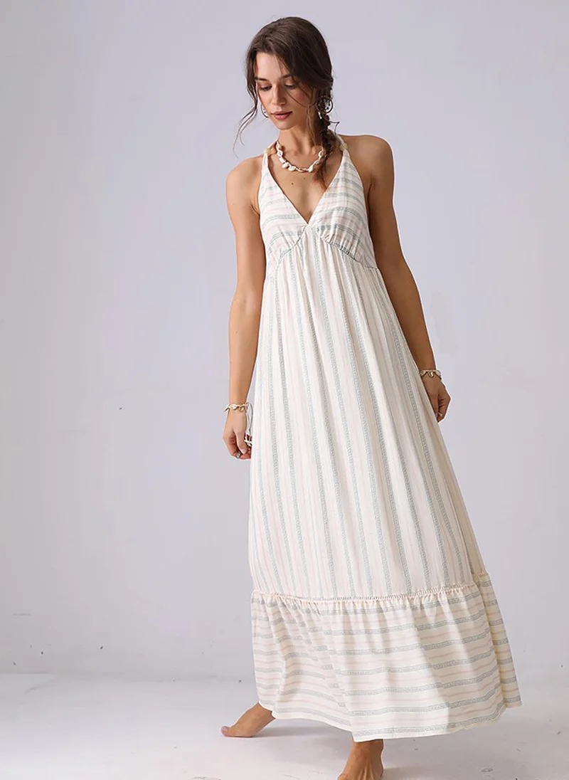 YUNIQEE Off White Fit and Flare Halter Neck Maxi Dress