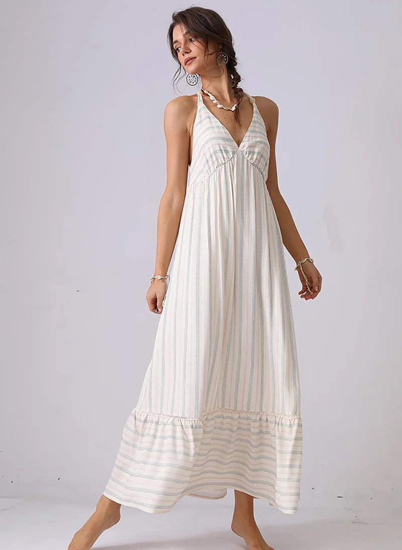 YUNIQEE Off White Fit and Flare Halter Neck Maxi Dress