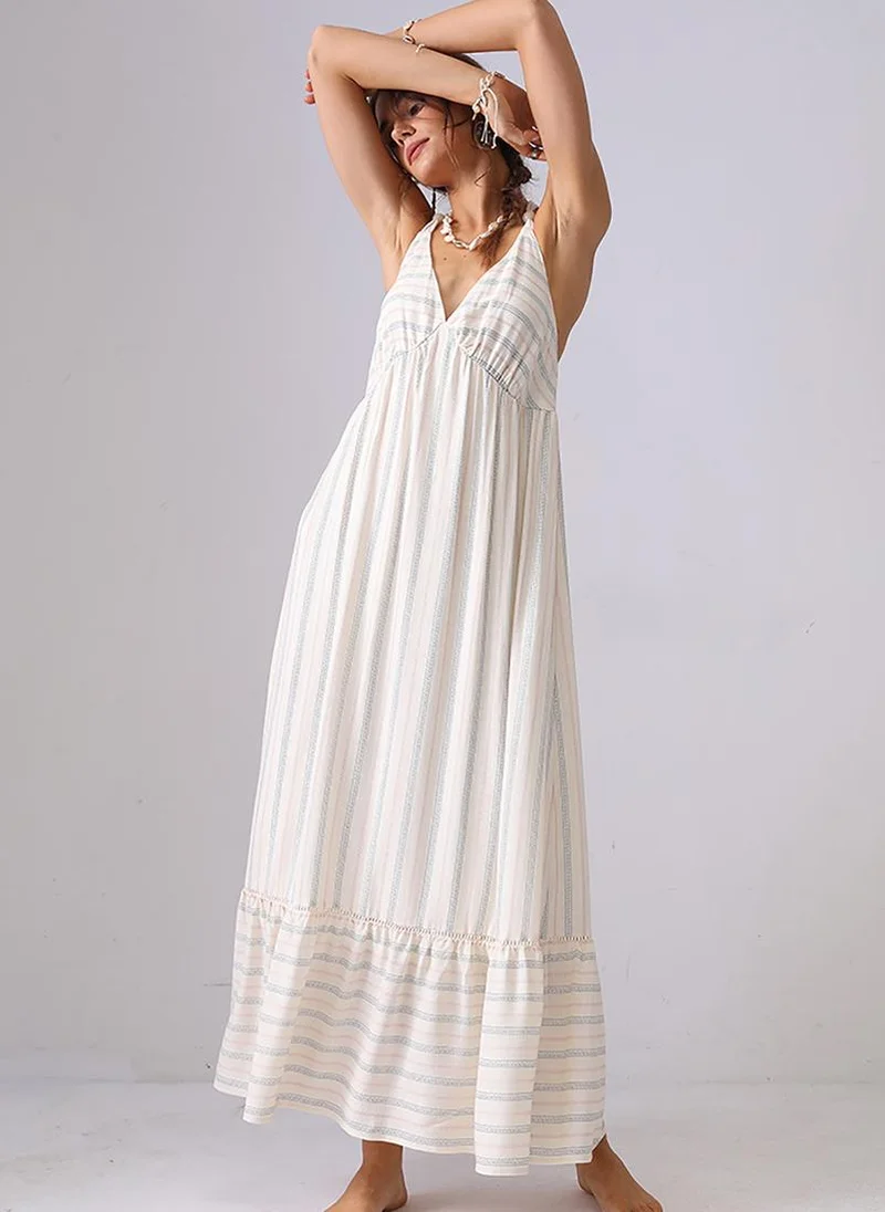 YUNIQEE Off White Fit and Flare Halter Neck Maxi Dress