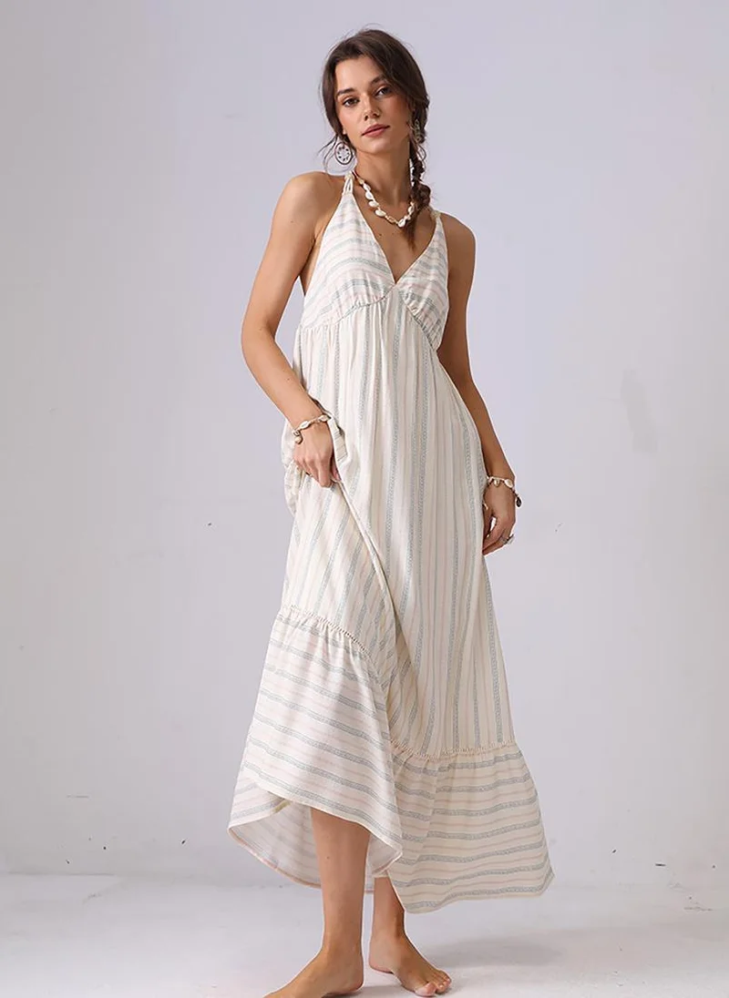 YUNIQEE Off White Fit and Flare Halter Neck Maxi Dress