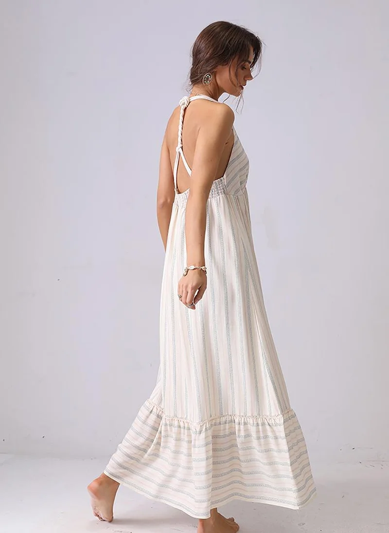 YUNIQEE Off White Fit and Flare Halter Neck Maxi Dress