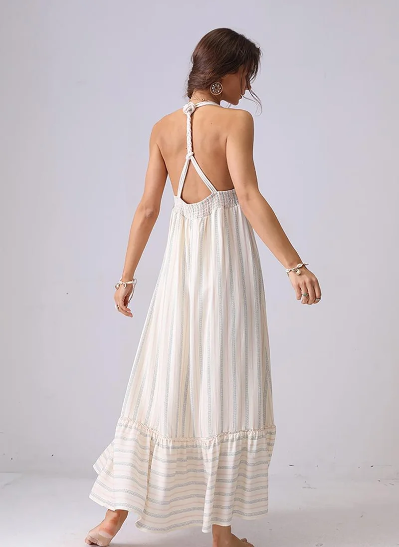 YUNIQEE Off White Fit and Flare Halter Neck Maxi Dress