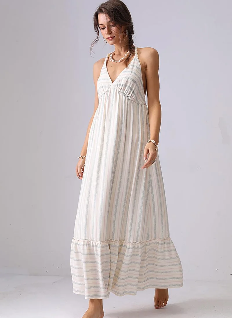 YUNIQEE Off White Fit and Flare Halter Neck Maxi Dress