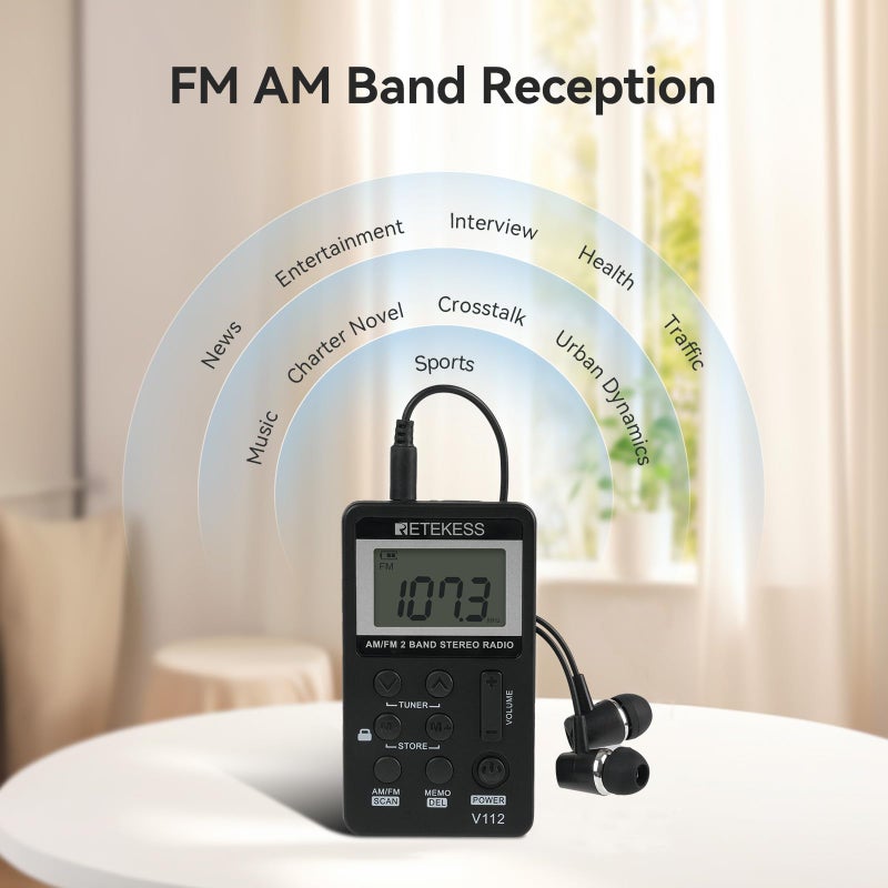 Retekess V112 AM FM Pocket Radio, Digital Radio with Earphone, Rechargeable Battery with LCD Display for Walking, Jogging, Training(Black) - Image 2