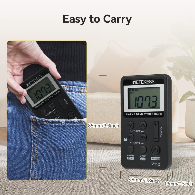 Retekess V112 AM FM Pocket Radio, Digital Radio with Earphone, Rechargeable Battery with LCD Display for Walking, Jogging, Training(Black) - Image 5