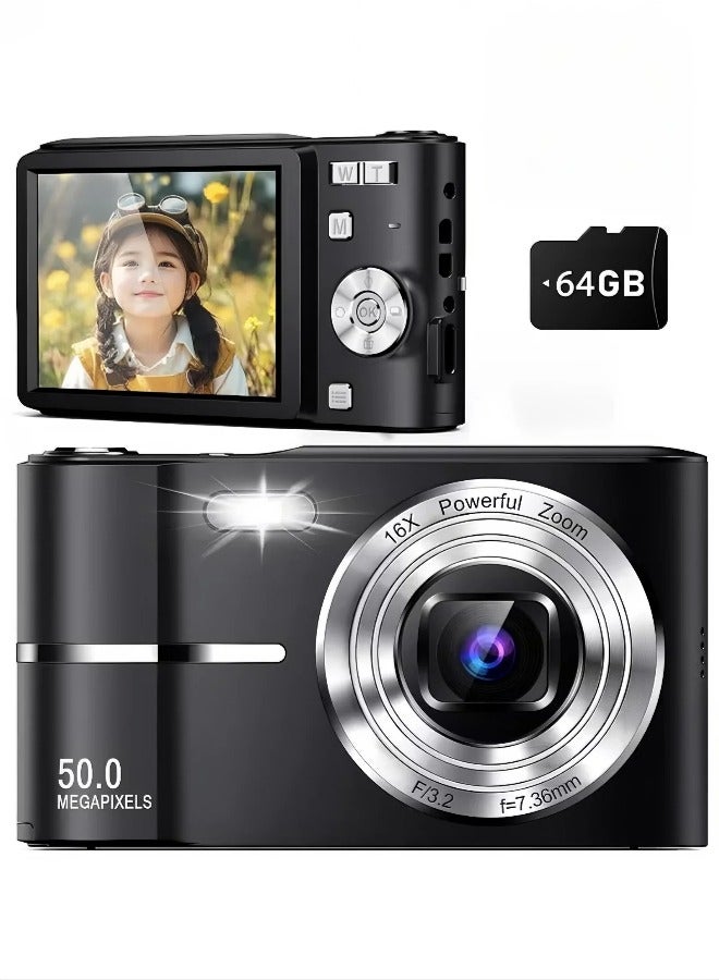 جورفنت كاميرا رقمية، كاميرا رقمية بدقة 50 ميجابكسل للتصوير الفوتوغرافي، كاميرا تسجيل فيديو مع بطاقة SD سعة 64 جيجابايت، كاميرات رقمية 16X لليوتيوب مع شاشة قلابة 2.4 بوصة 180 درجة، عدسة واسعة الزاوية وماكرو، كاميرا سفر صغيرة مضادة للاهتزاز كهدية للمبتدئين - Image 1