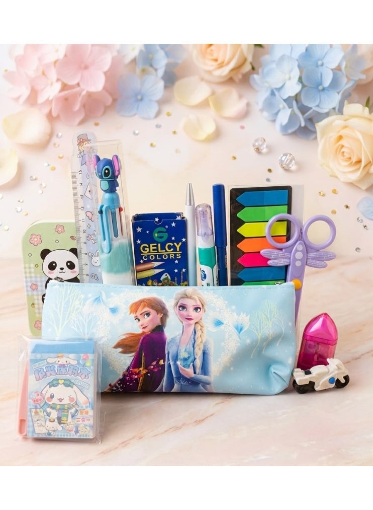 Pencil case + school supplies (ballpoint pen + correction fluid + mechanical pencil + scissors + page marker card + colored pencils + 6-color pen + ruler + sticker notepad + sharpener + eraser)