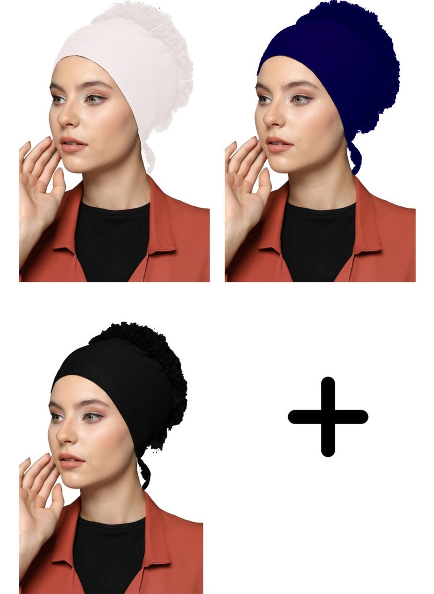 Belifanti Collection Women's Combed Cotton Frilly Bonnet Black White Navy Blue Set of 3  - Image 1