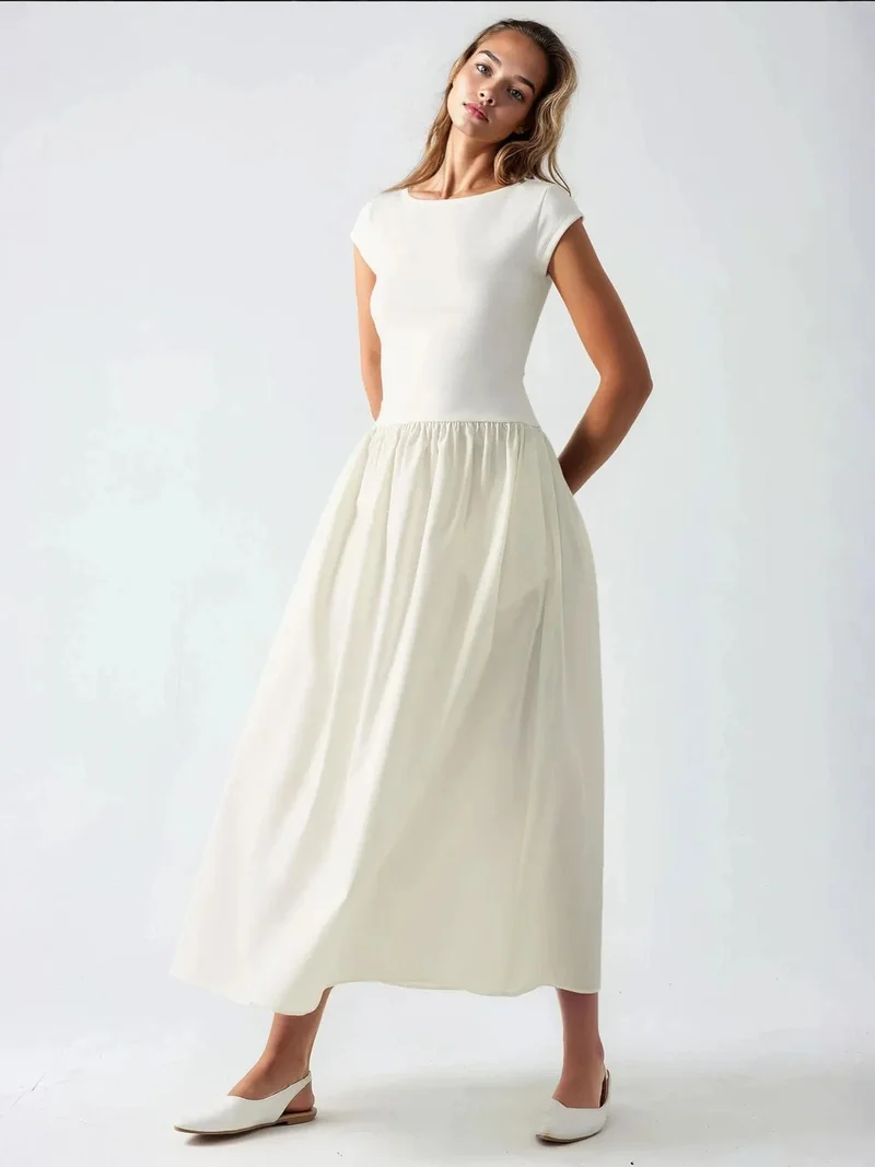 Hiccup Ivory Natural Contrast Midi Dress for Women | Best Price UAE