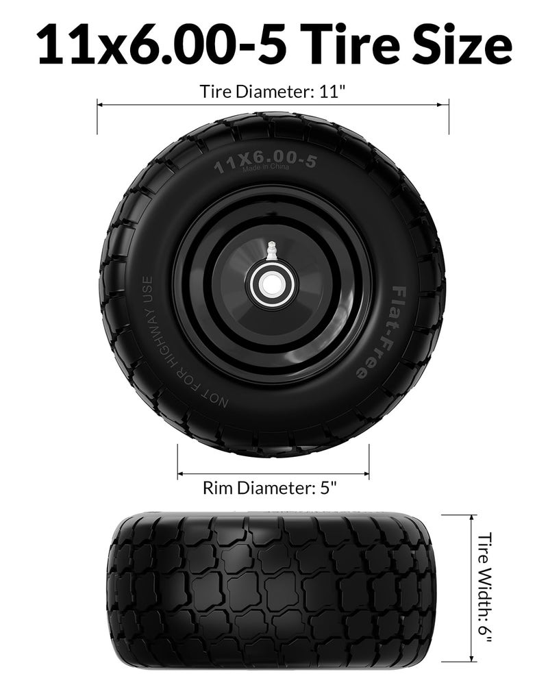 RONPOW 11x6.00-5 Flat Free Lawn Mower Tire and Wheel, Solid Front Tires for Zero Turn Mower, 400 Lbs Load, Universal 3/4", 5/8" 1/2" Bearings, 5.31"-7.71" Hub for Residential Commercial, 2 Pack Black - Image 2