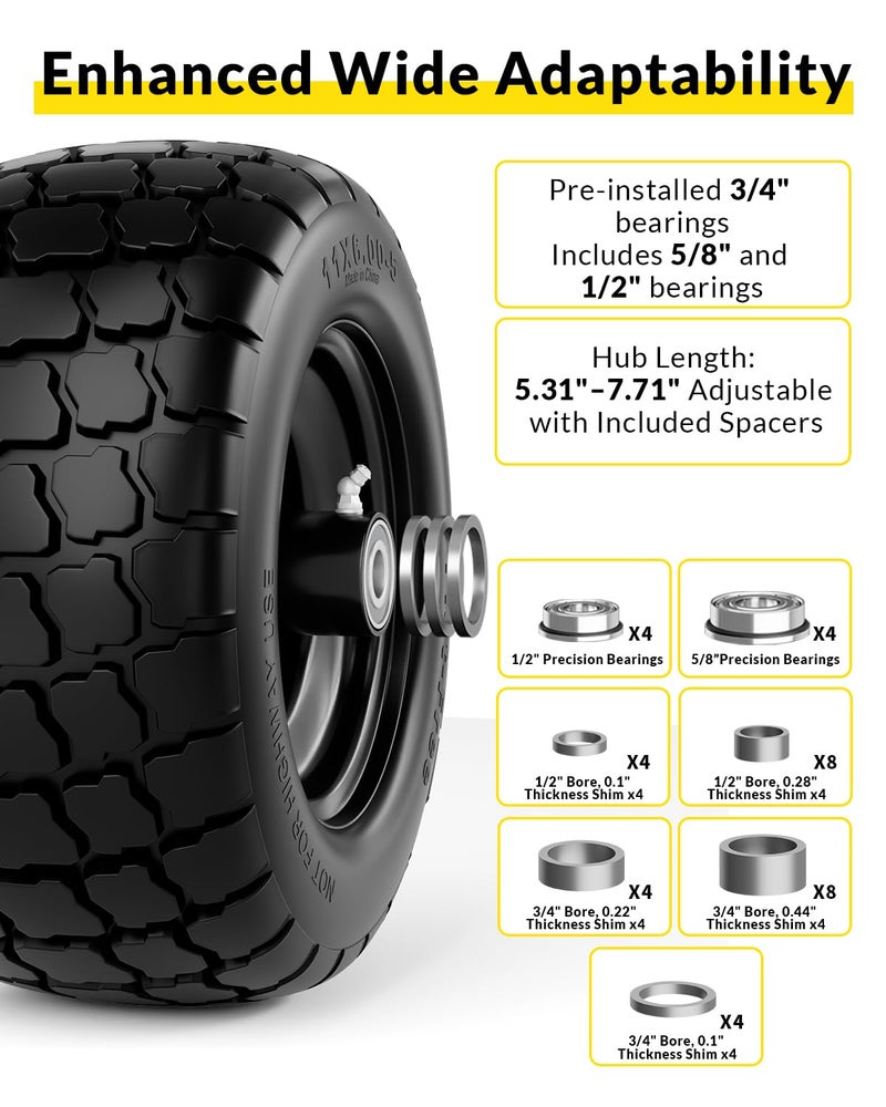 RONPOW 11x6.00-5 Flat Free Lawn Mower Tire and Wheel, Solid Front Tires for Zero Turn Mower, 400 Lbs Load, Universal 3/4", 5/8" 1/2" Bearings, 5.31"-7.71" Hub for Residential Commercial, 2 Pack Black - Image 4