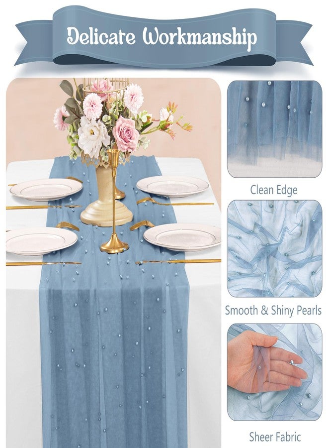 Fivenl 12 Pack 10FT Pearl Table Runner 30x120 Inch Dusty Blue Tulle Fabric Boho Rustic Sheer Table Runners Lace Table Cloth for Wedding Bridal Shower Birthday Party Arch Veil Dessert Table Decor (Dusty Blue) - Image 4