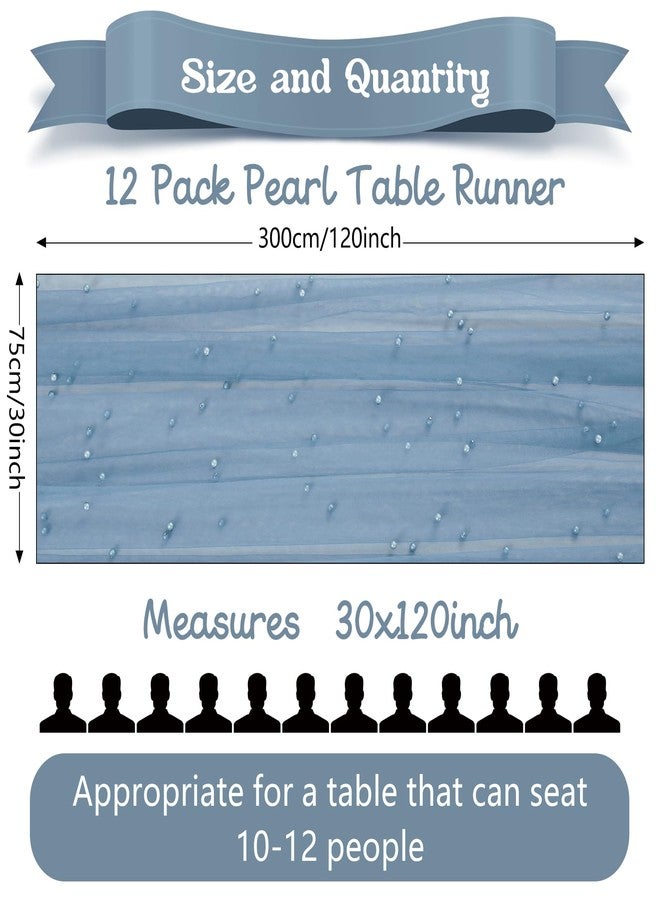 Fivenl 12 Pack 10FT Pearl Table Runner 30x120 Inch Dusty Blue Tulle Fabric Boho Rustic Sheer Table Runners Lace Table Cloth for Wedding Bridal Shower Birthday Party Arch Veil Dessert Table Decor (Dusty Blue) - Image 2