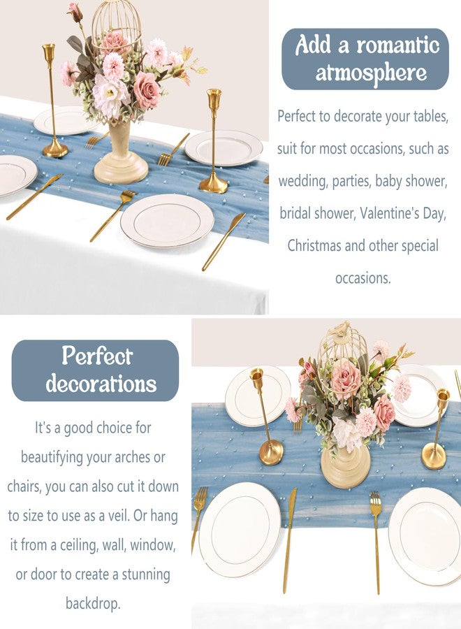 Fivenl 12 Pack 10FT Pearl Table Runner 30x120 Inch Dusty Blue Tulle Fabric Boho Rustic Sheer Table Runners Lace Table Cloth for Wedding Bridal Shower Birthday Party Arch Veil Dessert Table Decor (Dusty Blue) - Image 5