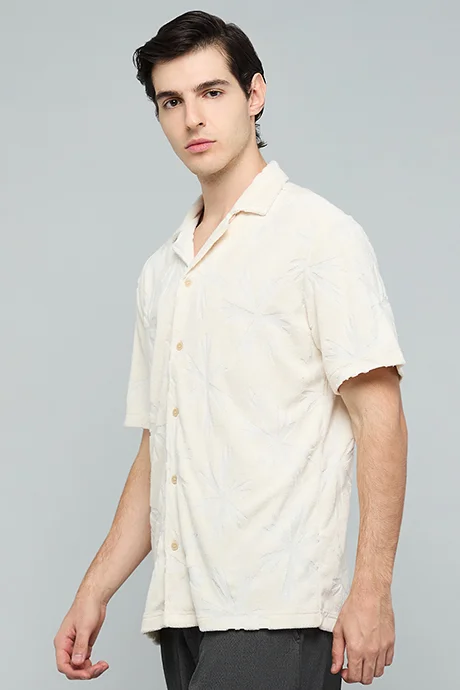 أر أند بي Textured Shirt with Reverse Collar and Short Sleeves