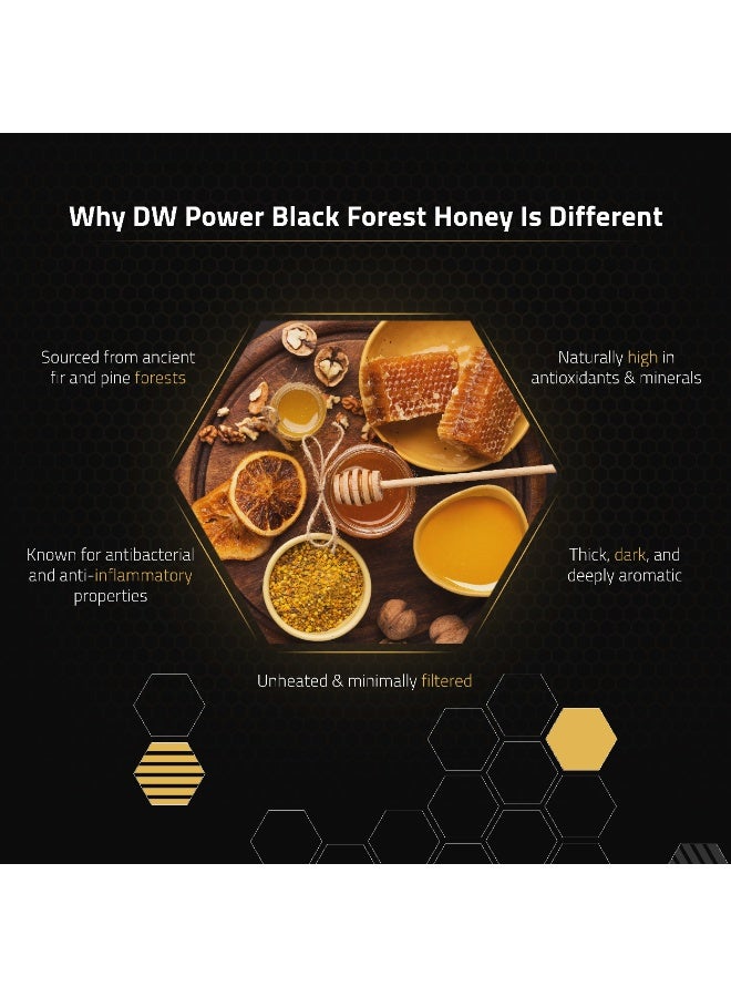 DW Power Black Forest Honey 250g – A naturally dark, rich German raw honey sourced from forest blossoms, offering bold woody sweetness, earthy notes, and exceptional depth of flavor. - Image 3