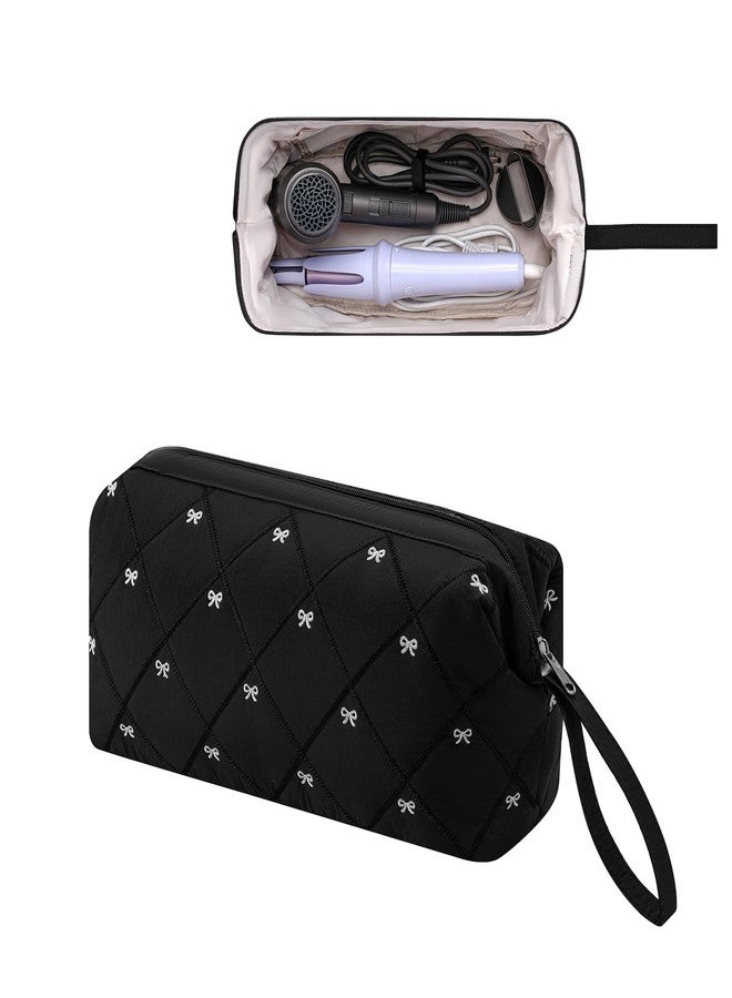 RSRSLEII Large Quilted Hair Tools Travel Bag with Bow Pattern,Waterproof Hair Styling Accessories Storage Case for Shark FlexStyle, Dyson Airwrap Hair Dryer, Curling Iron, Revlon Hair Tools(Black)