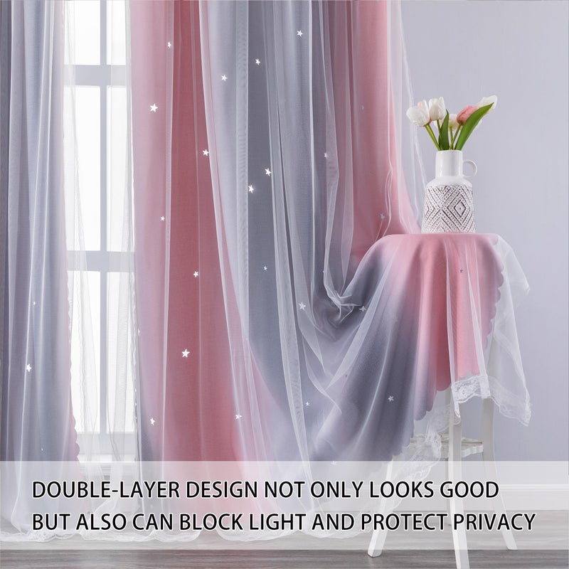 XiDi Dream Star Blackout Curtains for Kids Rooms Girl Princess Curtain for Daughter Bedroom Window (Pink Grey, W34 X L63) - Image 2