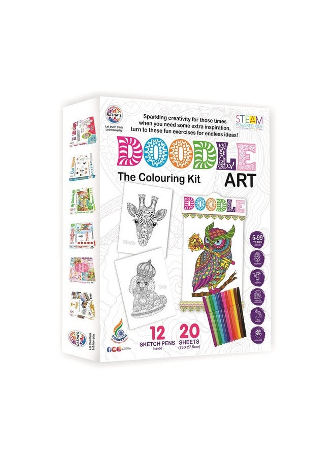راتاناز مجموعة تلوين RATNA'S Doodle Art - 20 ورقة و12 قلم رسم - مجموعة تلوين ممتعة وتعليمية للأطفال والكبار - تصميمات حيوانات وطيور Doodle - دع إبداعك يتألق - Image 2