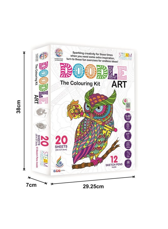 راتاناز مجموعة تلوين RATNA'S Doodle Art - 20 ورقة و12 قلم رسم - مجموعة تلوين ممتعة وتعليمية للأطفال والكبار - تصميمات حيوانات وطيور Doodle - دع إبداعك يتألق - Image 4