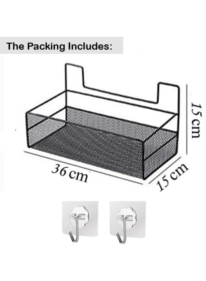 رف تخزين شبكي معدني لاصق يثبت على الحائط منظم معلق مع سلة شامبو وحامل للحمام والمطبخ والمرآب خطافين لاصقين اسود صناعي - Image 2