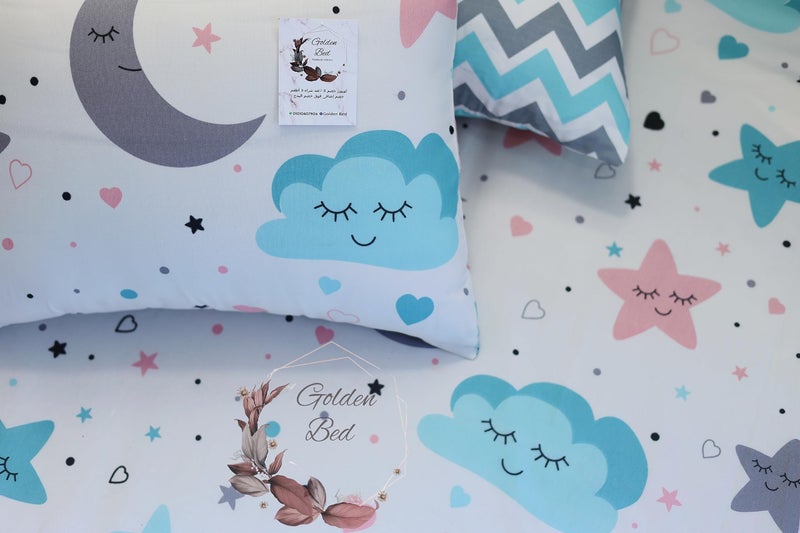 Golden Bed Cotton Elastic and Flat Baby Bed Sheet Sets from Khamah Al-Amreya (Single Baby Bed 1 Flat Bed)