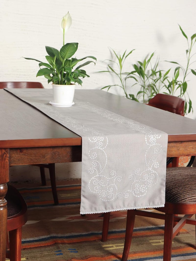 Zeba World (Luxury) Table Runner with Dotted Embroidery with Laces on Longer Ends | Grey 6 Seater Table Runner Cloth, Table Runner for Living Room, Dining Table - 30 cms x 210 cms; 12 x 84 inches - Image 1