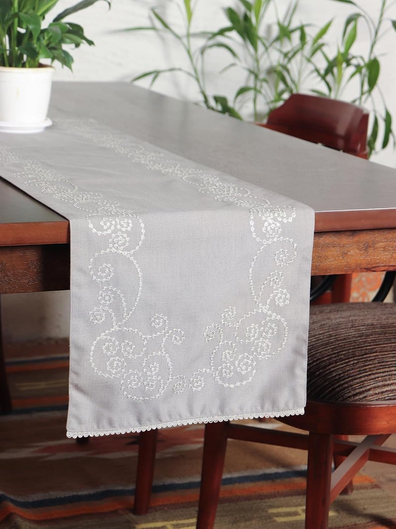 Zeba World (Luxury) Table Runner with Dotted Embroidery with Laces on Longer Ends | Grey 6 Seater Table Runner Cloth, Table Runner for Living Room, Dining Table - 30 cms x 210 cms; 12 x 84 inches - Image 2