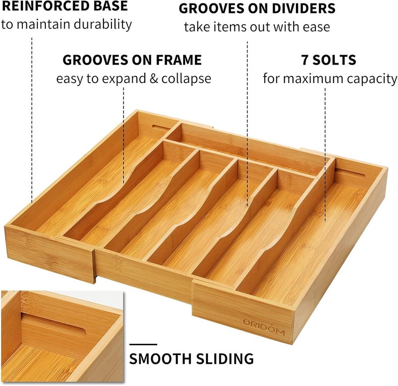 oridom 2-Piece Bamboo Silverware Organizer, Expandable Kitchen Drawer Organizer for Cutlery and Utensils, Multifunction Adjustable Bamboo Wood Cutlery Tray in Drawer for Flatware, (Natural) - Image 3