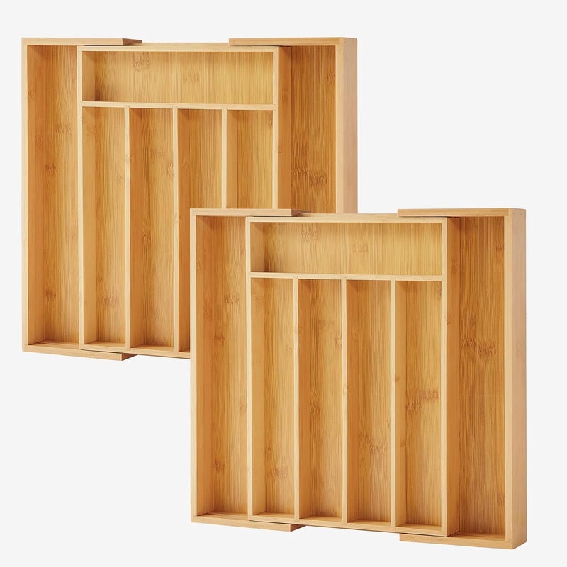 oridom 2-Piece Bamboo Silverware Organizer, Expandable Kitchen Drawer Organizer for Cutlery and Utensils, Multifunction Adjustable Bamboo Wood Cutlery Tray in Drawer for Flatware, (Natural) - Image 1