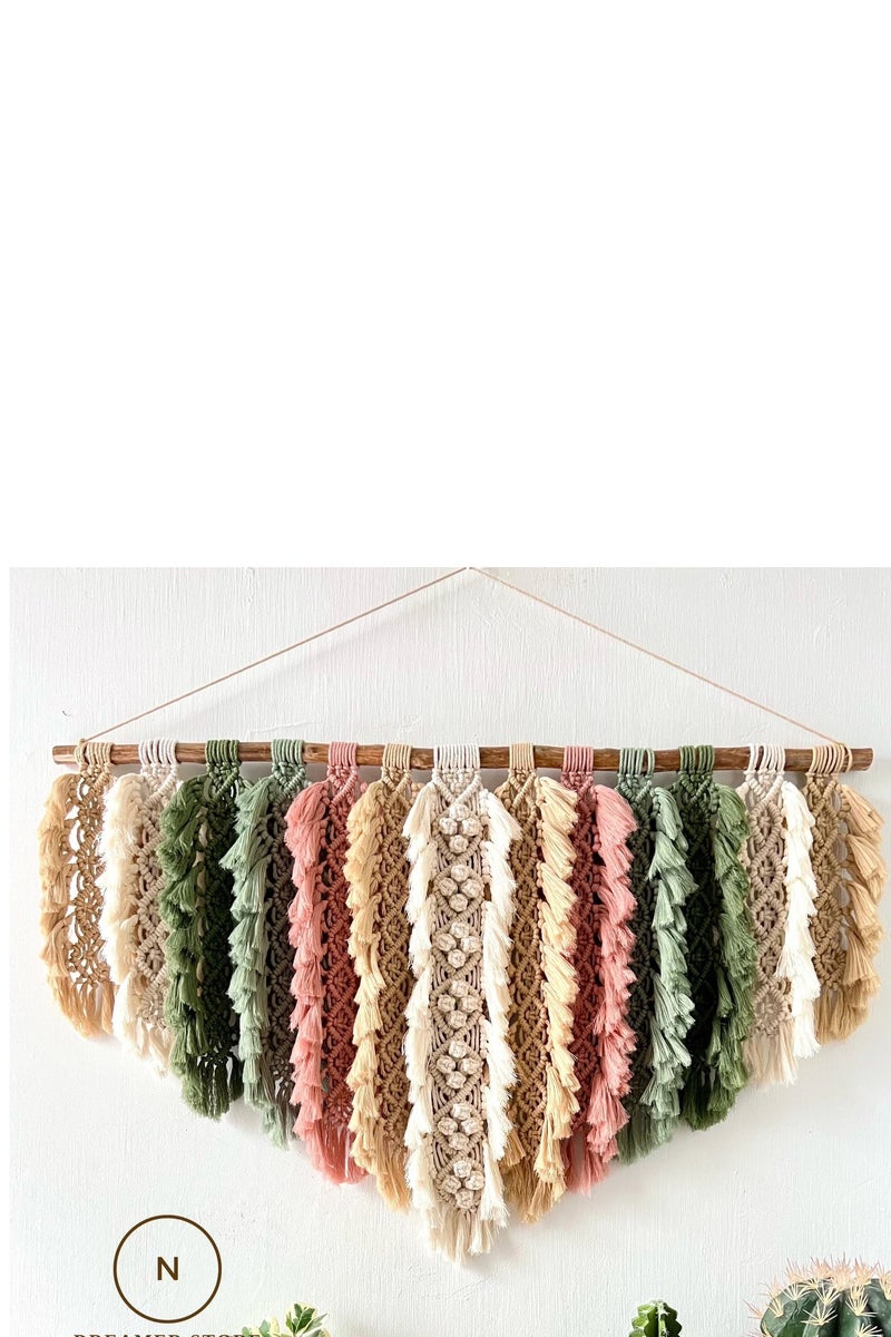 انتيكيانو تعليقة أوراق يدوية الصنع بطابع ريفي تُعلق على الجدار، تعليقة جدارية من ريش المكرمية، هدية للأم، ديكور منزلي، ديكور لغرفة الأطفال، مكرمية جدارية - Image 1