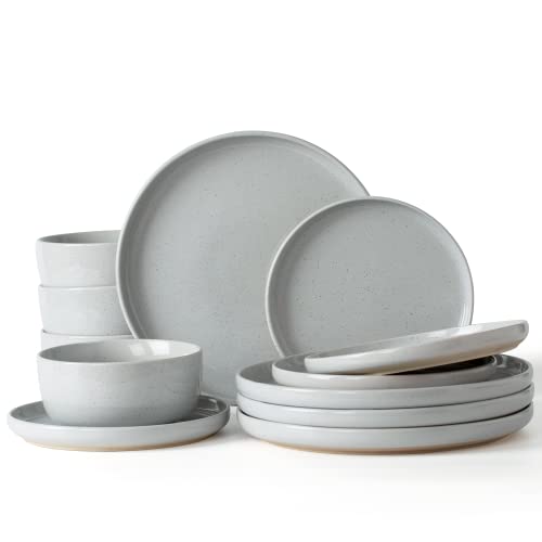 Famiware Milkyway Plates and Bowls Set 12 Pieces Dinnerware Sets Dishes Set for 4 Light Gray