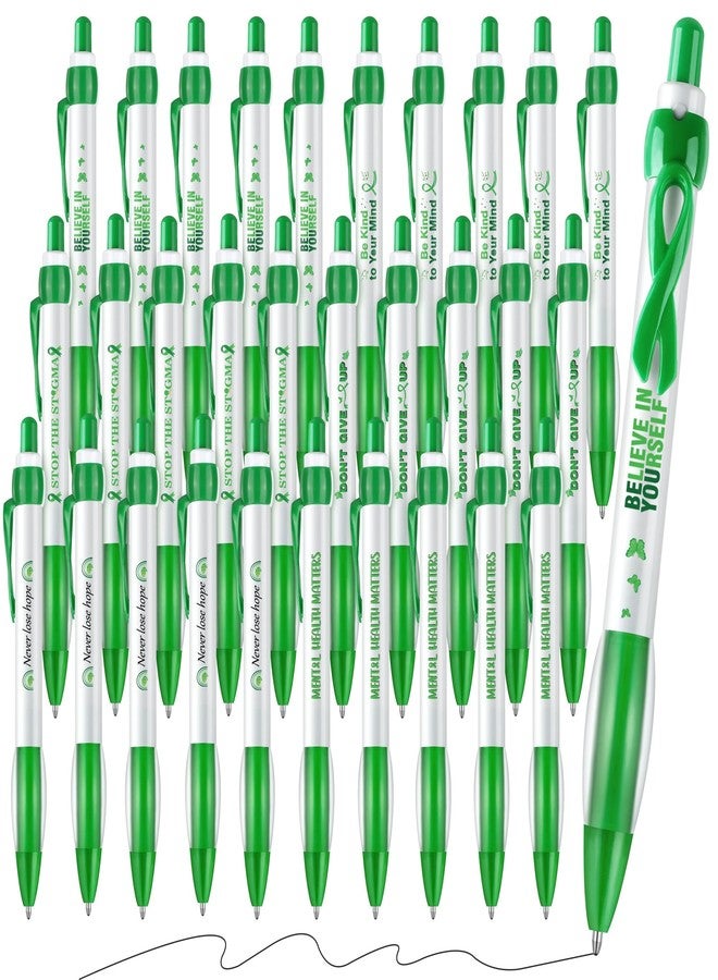 Aodaer 96 Pieces Mental Health Awareness Ballpoint Pens 6 Style Green Ribbon Retractable Gel Pens with Soft Grip Mental Health Black Ink Motivational Pen for Public Charity Office Favor Gifts - Image 1