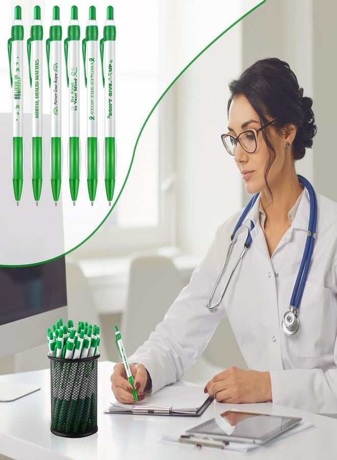 Aodaer 96 Pieces Mental Health Awareness Ballpoint Pens 6 Style Green Ribbon Retractable Gel Pens with Soft Grip Mental Health Black Ink Motivational Pen for Public Charity Office Favor Gifts - Image 5