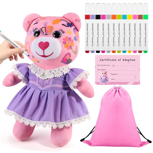 DRAWMYTOY Coloring Plush Toy with 12 Washable Markers for Little Girls Doodle Dolls for Kids Ages 46 Birthday Purple Princess Dress Bear - Image 1
