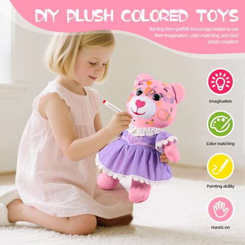 DRAWMYTOY Coloring Plush Toy with 12 Washable Markers for Little Girls Doodle Dolls for Kids Ages 46 Birthday Purple Princess Dress Bear - Image 5