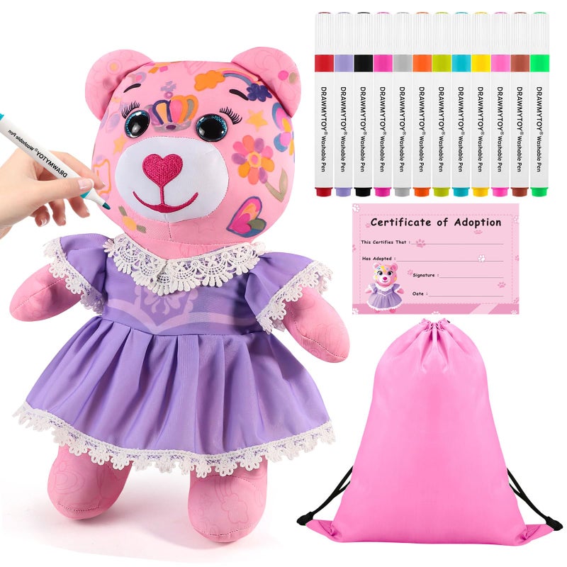DRAWMYTOY Coloring Plush Toy with 12 Washable Markers for Little Girls Doodle Dolls for Kids Ages 46 Birthday Purple Princess Dress Bear - Image 3