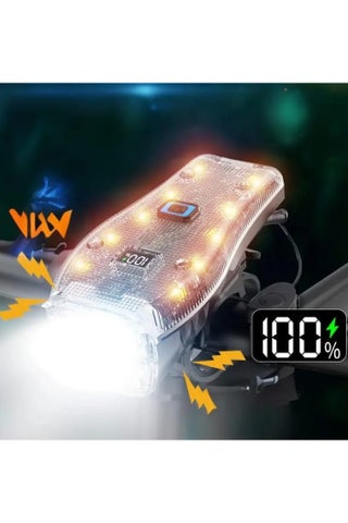إضاءة دراجة LED مع قاعدة دوارة 360 درجة، جرس 120 ديسيبل، شحن عبر USB-C، 6 أوضاع إضاءة