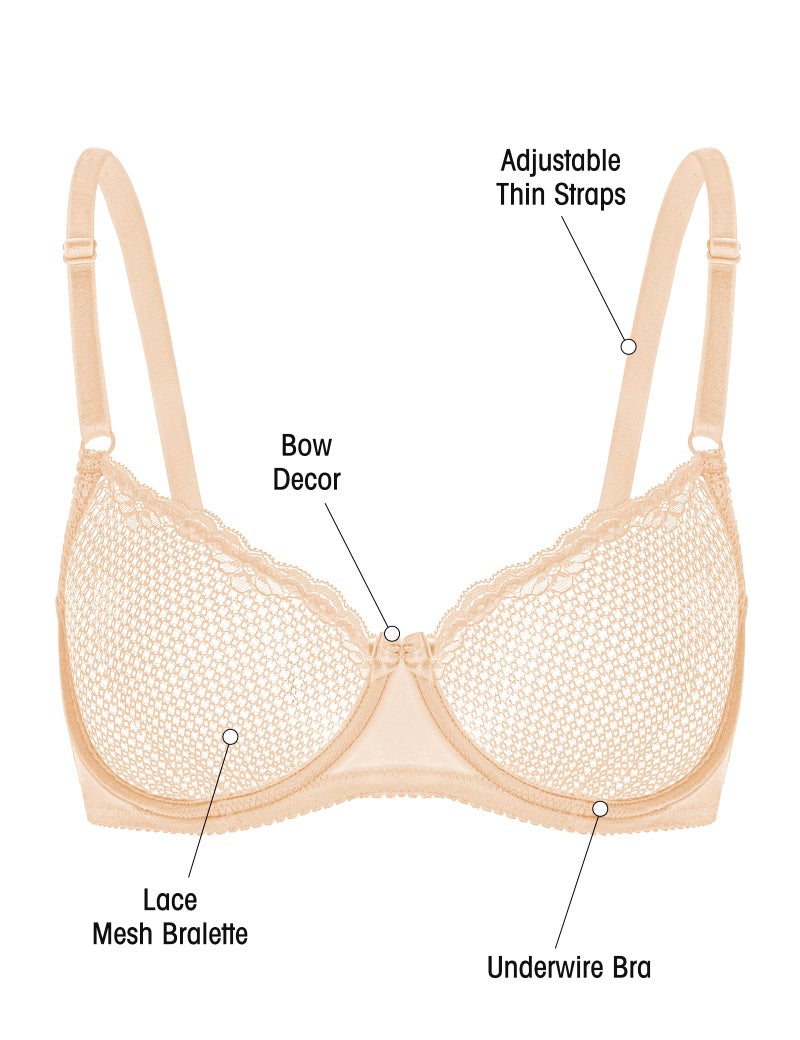 Wingslove Women's Sexy 1/2 Cup Lace Bra Balconette Mesh Underwired Demi Shelf Bra Unlined See Through Bralette (Beige, 36A) - Image 4