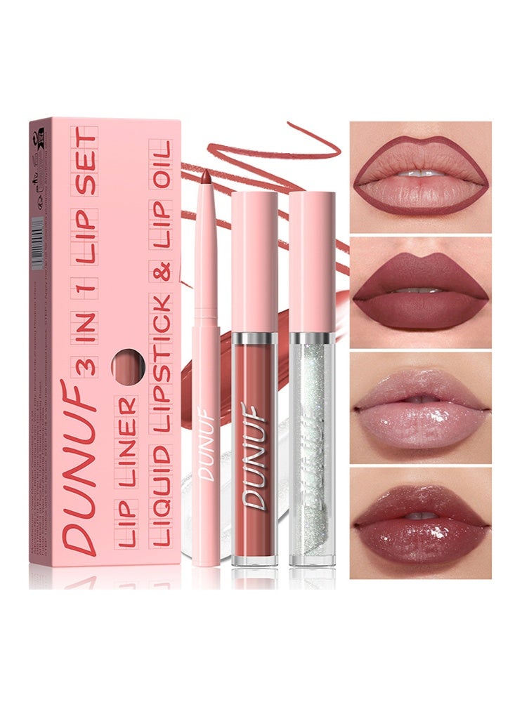 DUNUF 3 In1 Lip Set -（Lip Liner + Liquid Lipstick + Lip Oil）for 24 Hours Long Lasting & Waterproof Lip Makeup #1 - Image 1