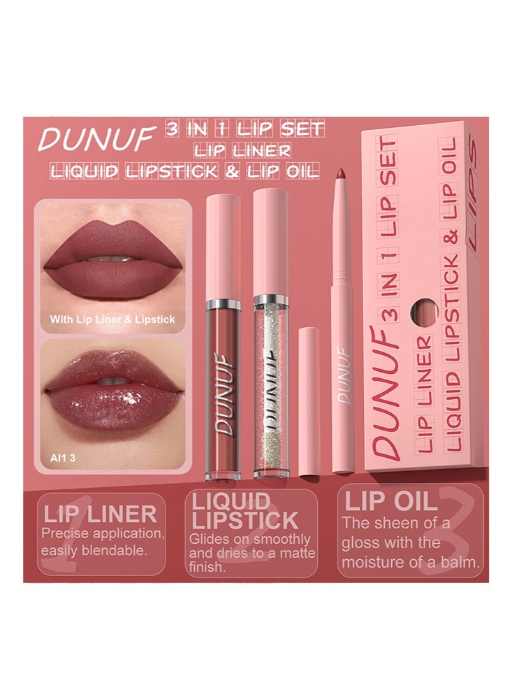 DUNUF 3 In1 Lip Set -（Lip Liner + Liquid Lipstick + Lip Oil）for 24 Hours Long Lasting & Waterproof Lip Makeup #1 - Image 2